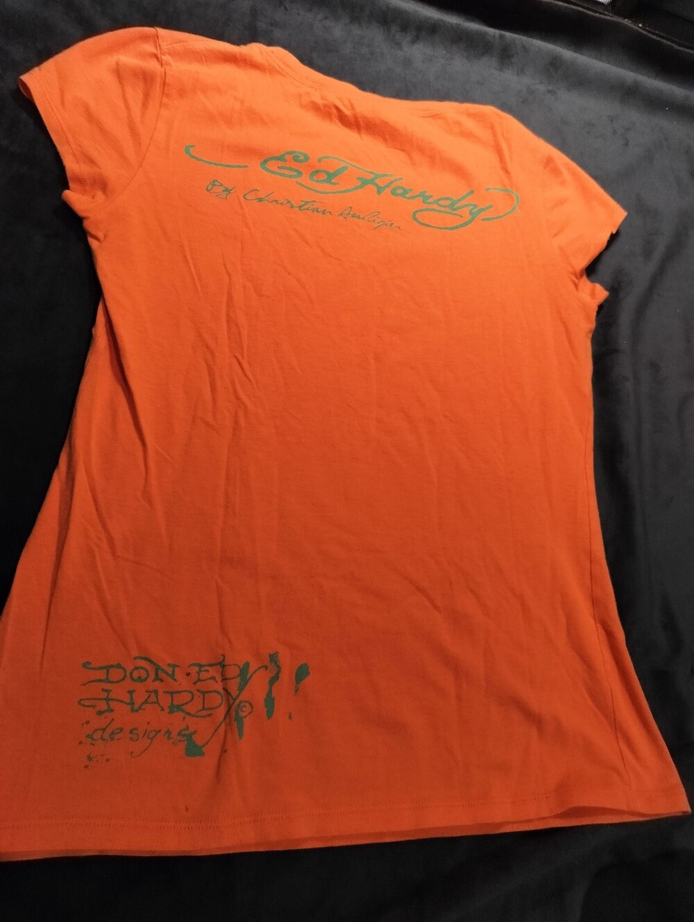 Vintage Ed Hardy Orange Graphic Tee with Rhinestone Gamble Motif - XL - Picture 2 of 9